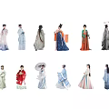 Women in Diverse Traditional Ancient Costumes with Various Styles and Colors