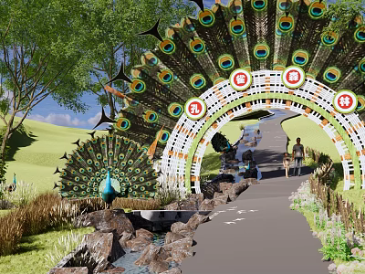 Peacock Feather Decorated Arched Entrance Gate With Grass Trees Stone Pathway And People Walking 3d model