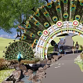 Peacock Feather Decorated Arched Entrance Gate With Grass Trees Stone Pathway And People Walking