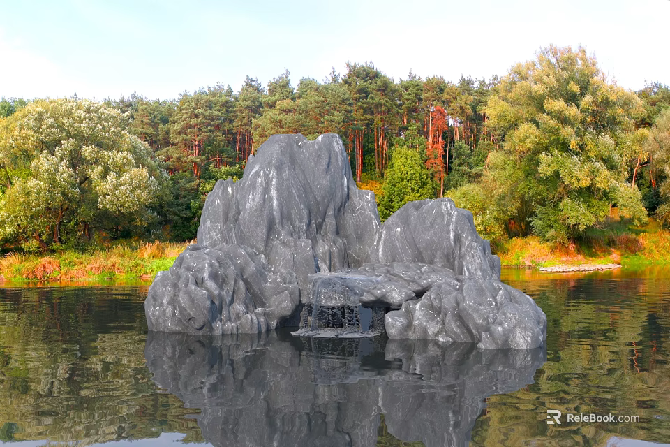 Rockery Stones In Natural Lake With Clear Water Reflection And Surrounding Lush Woods 3d model 