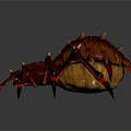 Red and Yellow Spider with Spiked Body and Multiple Legs Featuring Red Glowing Parts