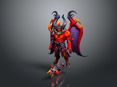 Demonic Game Character With Red Body Horned Helmet Purple Wings And Sharp Claws 3d model