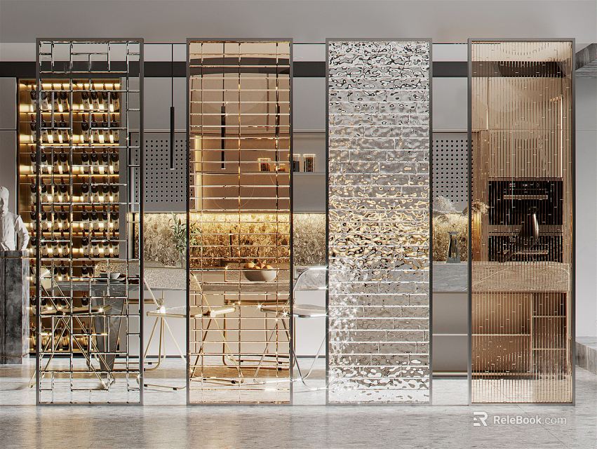 Modern Decorative Partition Screens With Textured Glass And Metal Frames For Interior Design 3d model 
