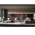 Modern Living Room With Grey Sofa Wooden Wall And Large Windows
