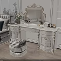 Elegant White Dressing Table With Ornate Mirror Striped Stool And Fresh Flowers