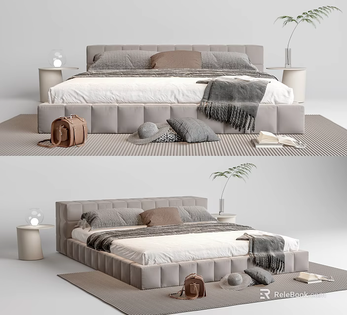 Modern Double Bed Interior With Gray Headboard Pillows Blanket Nightstand Plant Backpack And Books 3d model 