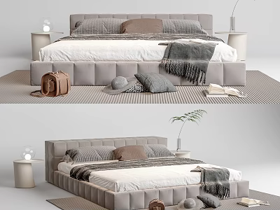 Modern Double Bed Interior With Gray Headboard Pillows Blanket Nightstand Plant Backpack And Books 3d model