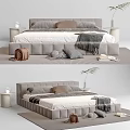 Modern Double Bed Interior With Gray Headboard Pillows Blanket Nightstand Plant Backpack And Books