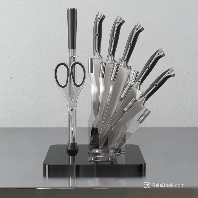 Elegant Modern Kitchen Cabinets With Stainless Steel Knife Set And Scissors 3d model 