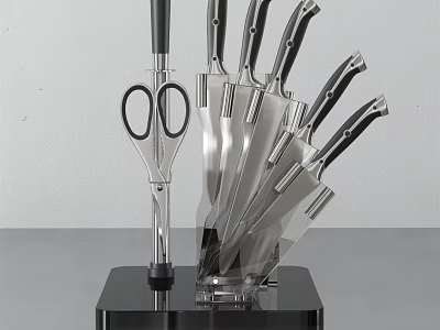 Elegant Modern Kitchen Cabinets With Stainless Steel Knife Set And Scissors 3d model