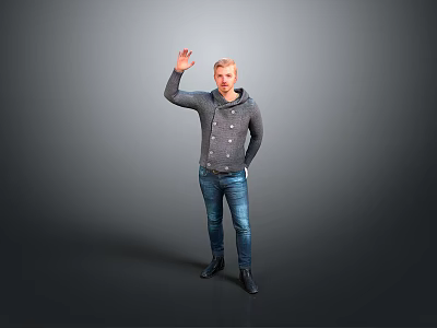 A Man Waving Hand In Gray Hoodie And Blue Jeans Against Gray Background 3d model