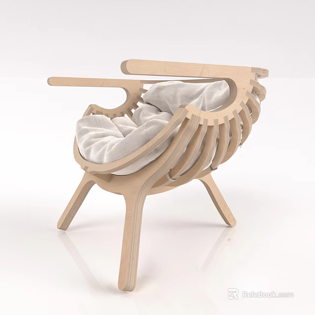 Modern Light Wooden Single Chair With Curved Frame And Soft Cushion 3d model 