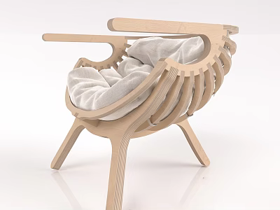 Modern Light Wooden Single Chair With Curved Frame And Soft Cushion 3d model