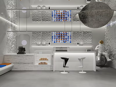 Modern Bubble Tea Shop Interior With Counter Stools Astronaut Statue And Moon Shaped Decor 3d model