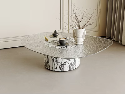 Modern Coffee Table With Glass Top And Marble Base Featuring Vase Books And Tea Set 3d model