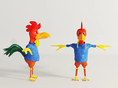 Colorful Cartoon Rooster Game Movie Characters With Blue Shirts Green Tail And Varied Crests 3d model