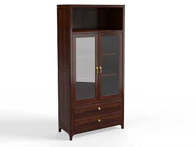 Dark Brown Wooden Bookcase With Glass Doors And Drawers Gold Handles Classic Design 3d model