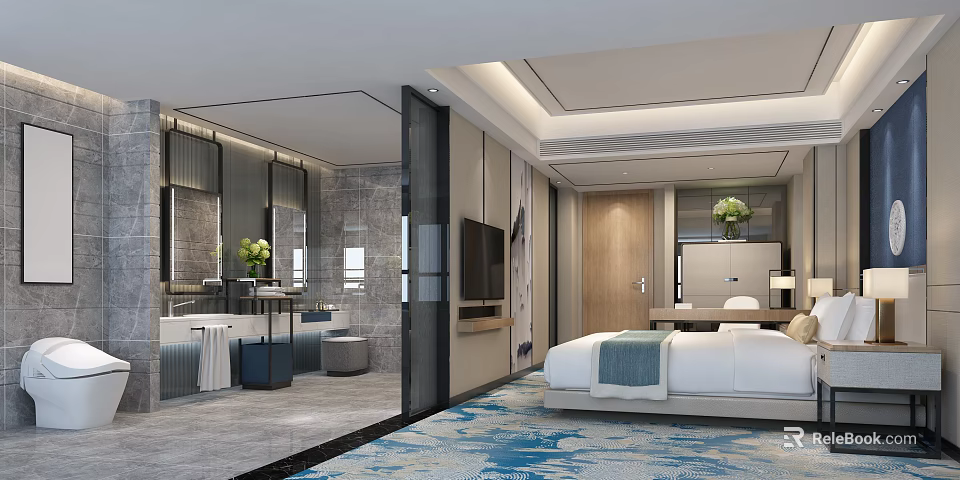 Elegant Hotel Guest Room With Large Bed Open Bathroom Marble Walls TV And Green Plants 3d model 