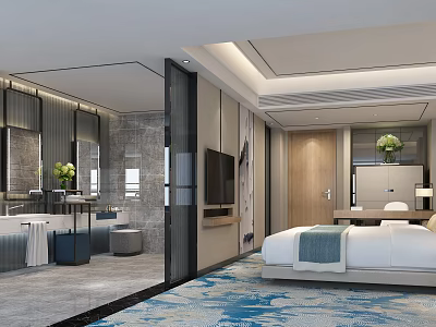 Elegant Hotel Guest Room With Large Bed Open Bathroom Marble Walls TV And Green Plants 3d model
