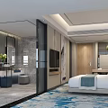 Elegant Hotel Guest Room With Large Bed Open Bathroom Marble Walls TV And Green Plants