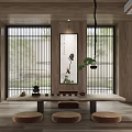 Traditional Tea Room Interior With Bamboo Screens And Lotus Scroll Painting