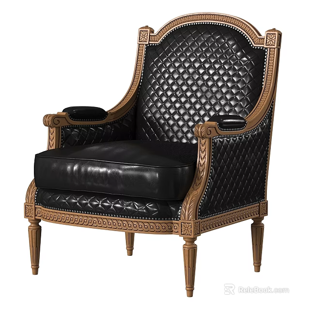 Luxury Black Leather Accent Chair With Quilted Back And Gold Carved Frame 3d model 