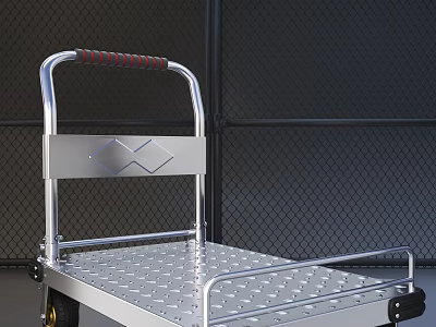 Industrial Metal Platform Cart With Silver Frame Red Striped Handle And Wheels 3d model