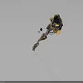 Character With Biomechanical Prosthetic Leg In Dark Background Featuring Yellow Brown Metal Components And Fragments