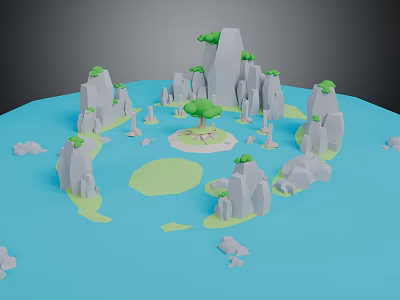 Cartoon Low Poly Landscape With Blue Water Gray Mountains Tall Green Tree And Central Island 3d model
