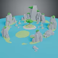 Cartoon Low Poly Landscape With Blue Water Gray Mountains Tall Green Tree And Central Island