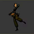 Woman With Headphones In Dynamic Pose Holding Green Device And Orange Waist Bag