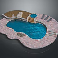 Swimming Pool Patio Design With Brick Paving Wooden Bridge And Stone Steps