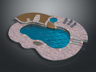 Swimming Pool Patio Design With Brick Paving Wooden Bridge And Stone Steps 3d model