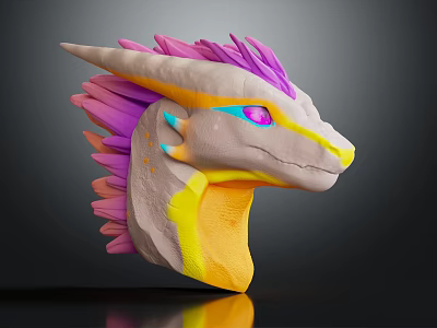 Colorful Dragon Head 3D Model With Vibrant Pink Purple Mane And Purple Eyes 3d model