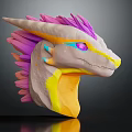 Colorful Dragon Head 3D Model With Vibrant Pink Purple Mane And Purple Eyes