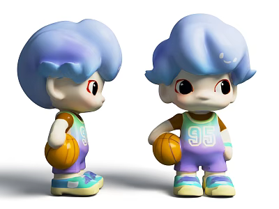 Two Blue Haired Dolls With Number 95 Holding Basketballs And Purple Blue Shoes 3d model