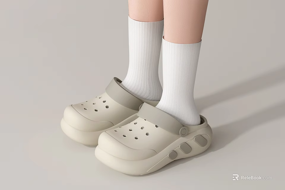 Beige Casual Clogs Shoes With Thick Sole And Comfortable Design 3d model 