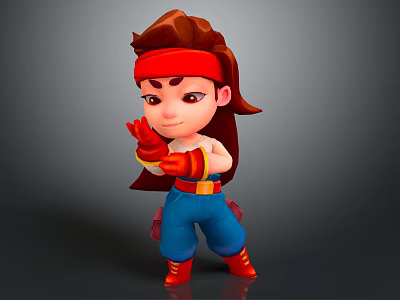 3D Animated Cartoon Character With Brown Hair Red Headband Red Gloves And Blue Pants 3d model