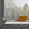 Brown Leather Accent Chair With Metal Frame By Window With Vertical Blinds And Trees Outside