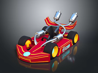 Red Go Kart Featuring Yellow Stripes Black Wheels Yellow Rims Exhaust Pipes And Storm Logo 3d model