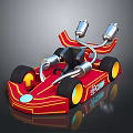 Red Go Kart Featuring Yellow Stripes Black Wheels Yellow Rims Exhaust Pipes And Storm Logo