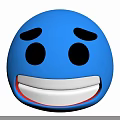 A man displaying a blue smiling face emoji with black eyes and white mouth