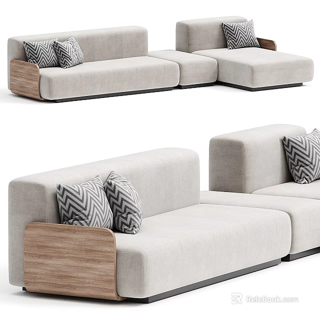 Modern Light Gray Sectional Sofa Upholstered In Fabric With Wooden Armrests And Geometric Pillows 3d model 