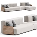 Modern Light Gray Sectional Sofa Upholstered In Fabric With Wooden Armrests And Geometric Pillows