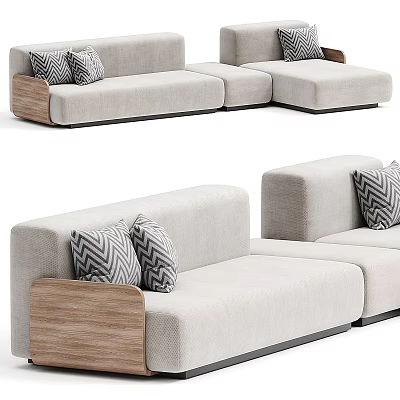 Modern Light Gray Sectional Sofa Upholstered In Fabric With Wooden Armrests And Geometric Pillows 3d model