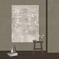 Elegant Interior Decor With Large Gray Wall Art Wooden Stool Vase And Books