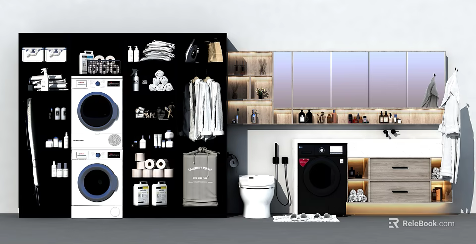 Modern Bathroom Washbasin With Mirror Cabinets Toilet Toiletries And Washing Machine 3d model 