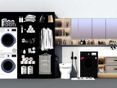 Modern Bathroom Washbasin With Mirror Cabinets Toilet Toiletries And Washing Machine 3d model