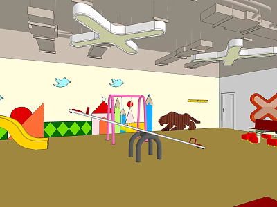 Kindergarten Indoor Play Area With Colorful Slide Swing Pencil Decorations And Bear Toy 3d model