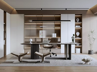 Modern Home Office Interior With Wooden Desk Bookshelves Comfortable Chair And Lighting 3d model